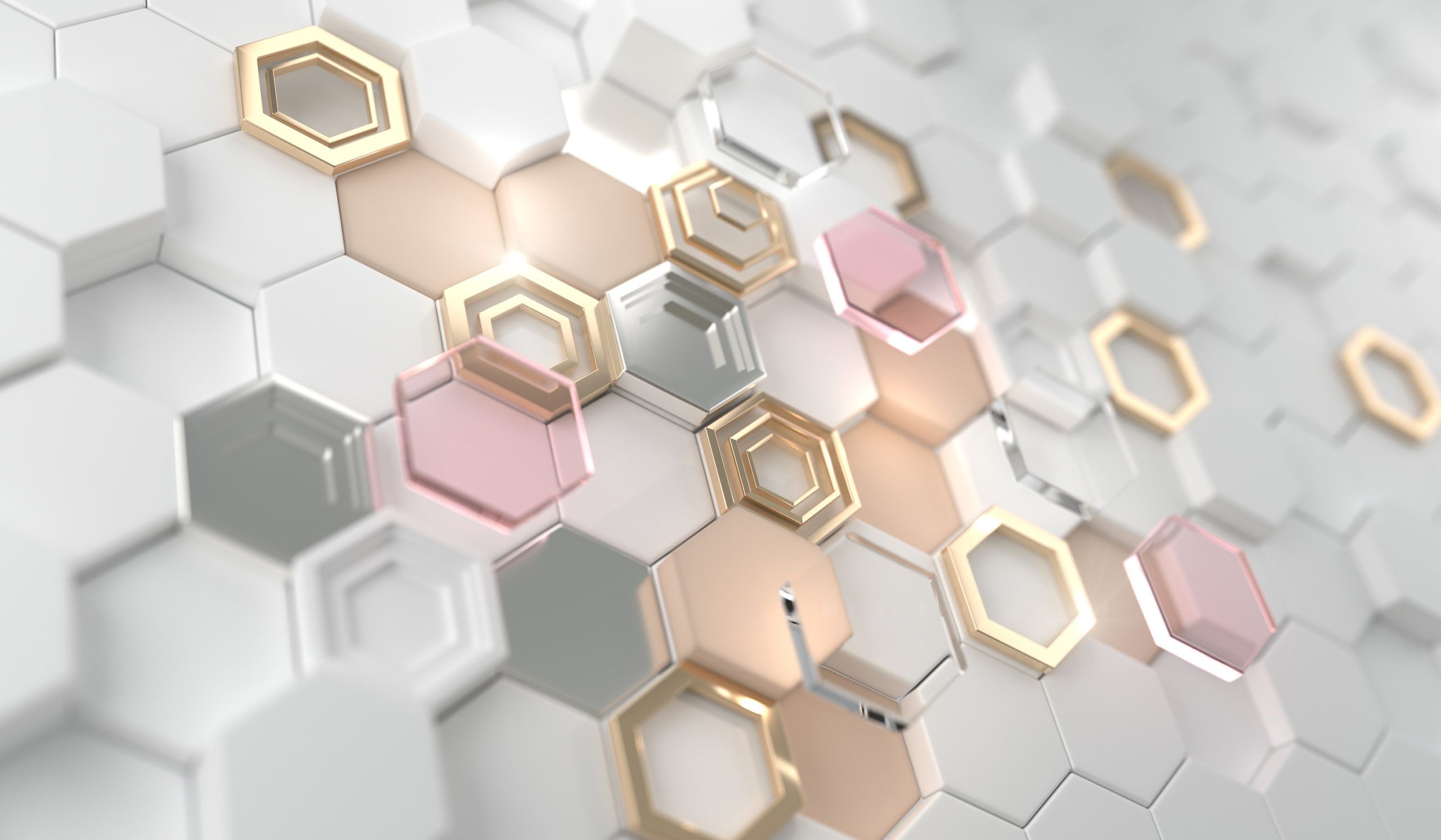 Gold shiny glowing hexagon on the white hexagon.Golden luxury li